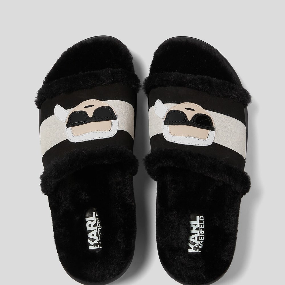 Black Women's Karl Lagerfeld Kasa Karl Kapri Shearling Slide Sandals & Flats | AE793DJVS