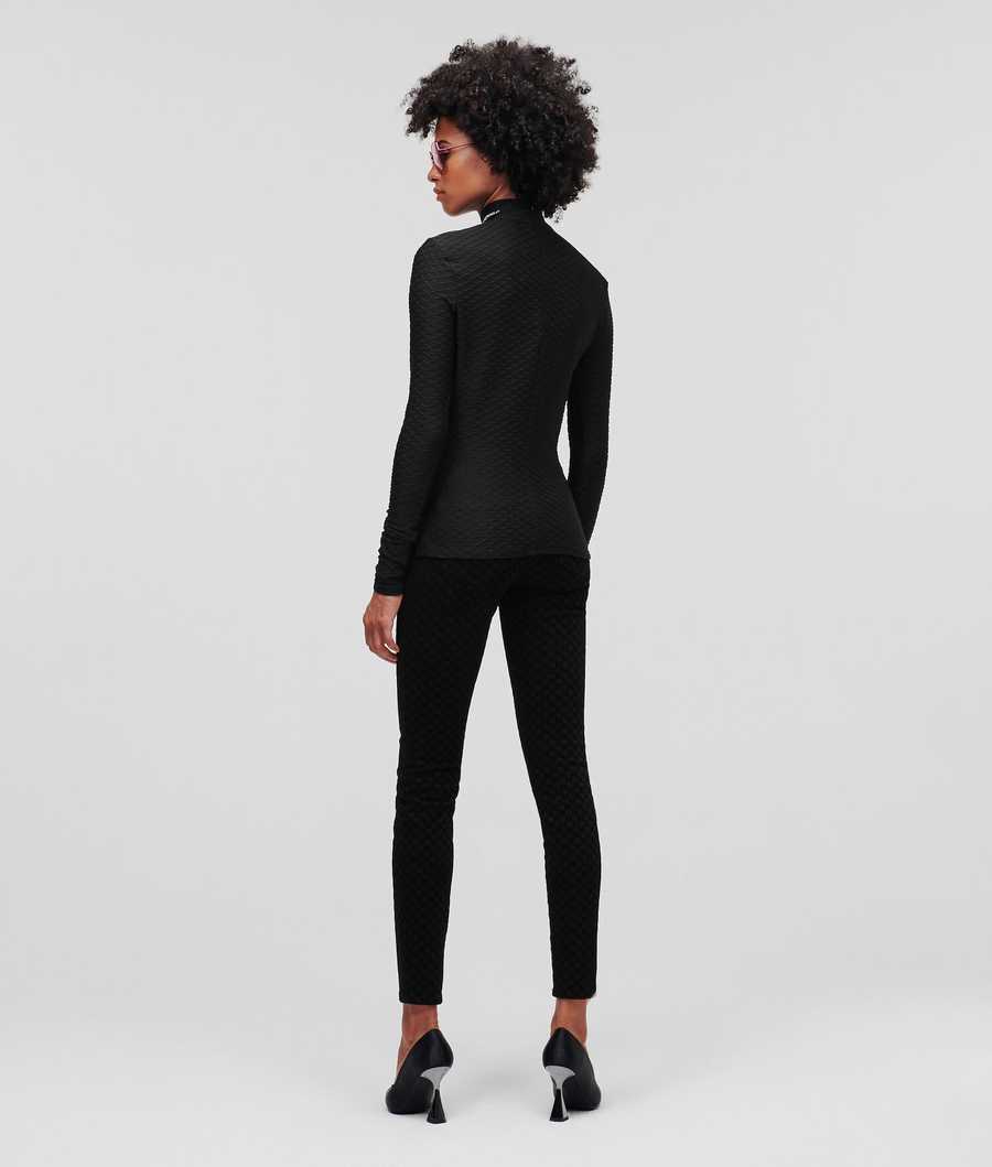 Black Women's Karl Lagerfeld Long-sleeved Textured Mock Neck Sweater T-Shirts | AE269BEDK