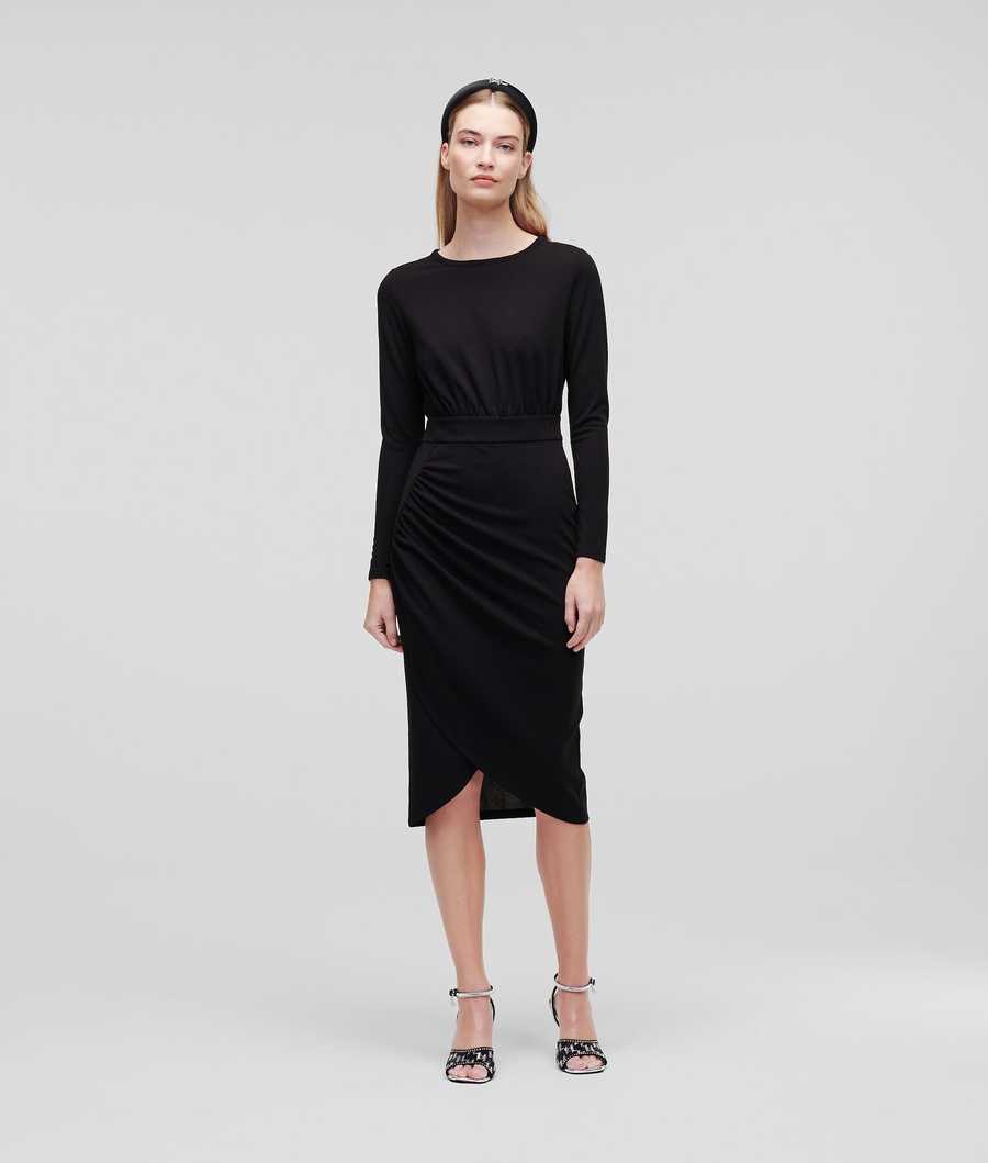 Black Women\'s Karl Lagerfeld Long-sleeved Jersey Dresses | AE729MVHY