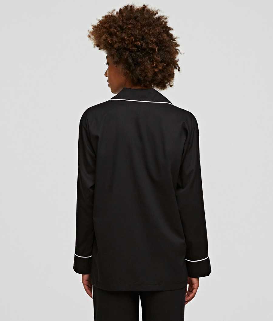 Black Women's Karl Lagerfeld Long-sleeved Piping-trimmed Pajama Shirt Sleepwear | AE927NDQY