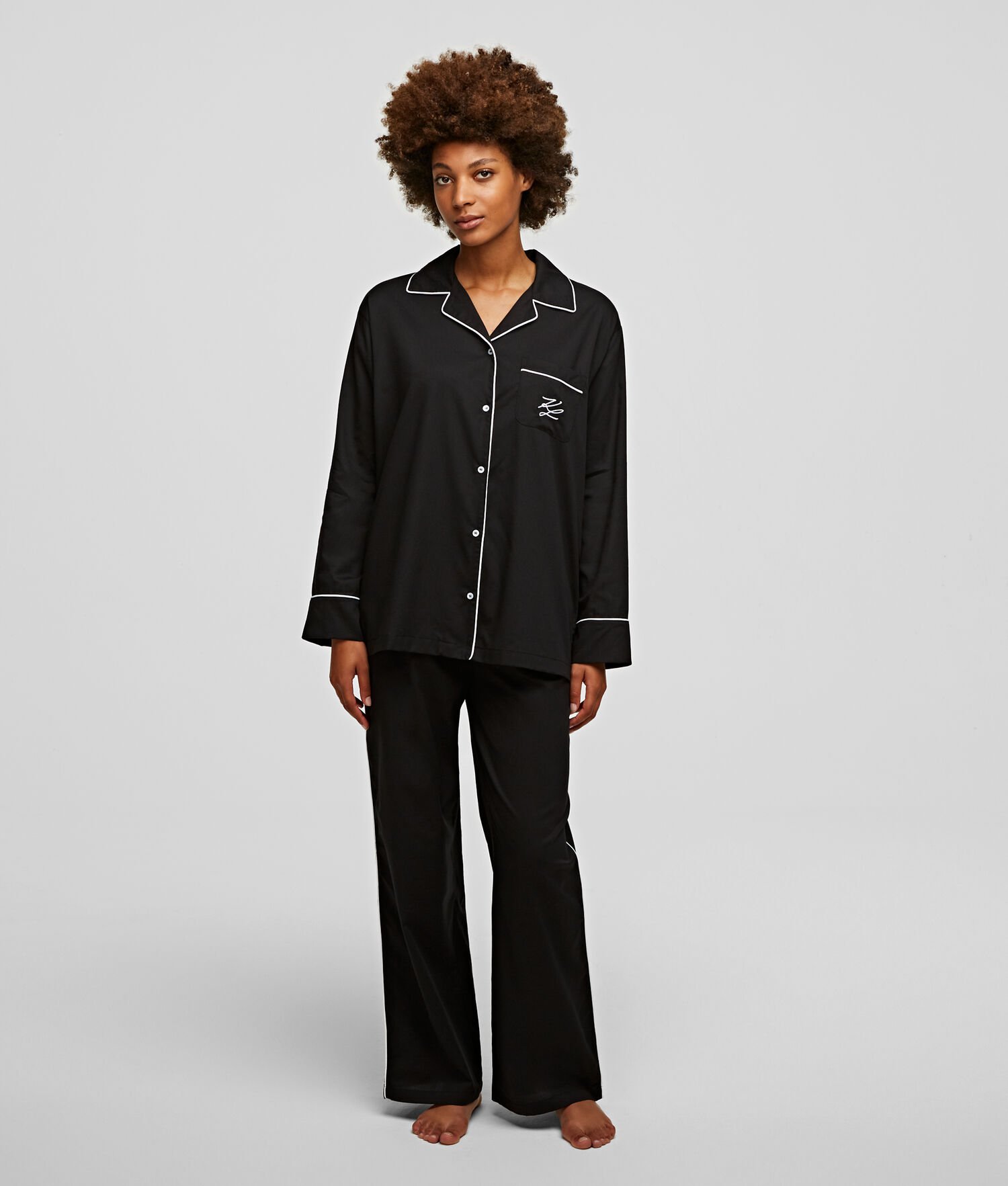 Black Women's Karl Lagerfeld Long-sleeved Piping-trimmed Pajama Shirt Sleepwear | AE927NDQY