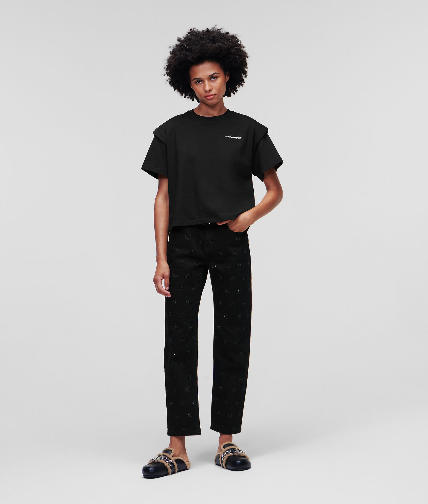 Black Women's Karl Lagerfeld Padded Shoulder T-Shirts | AE342EFLB