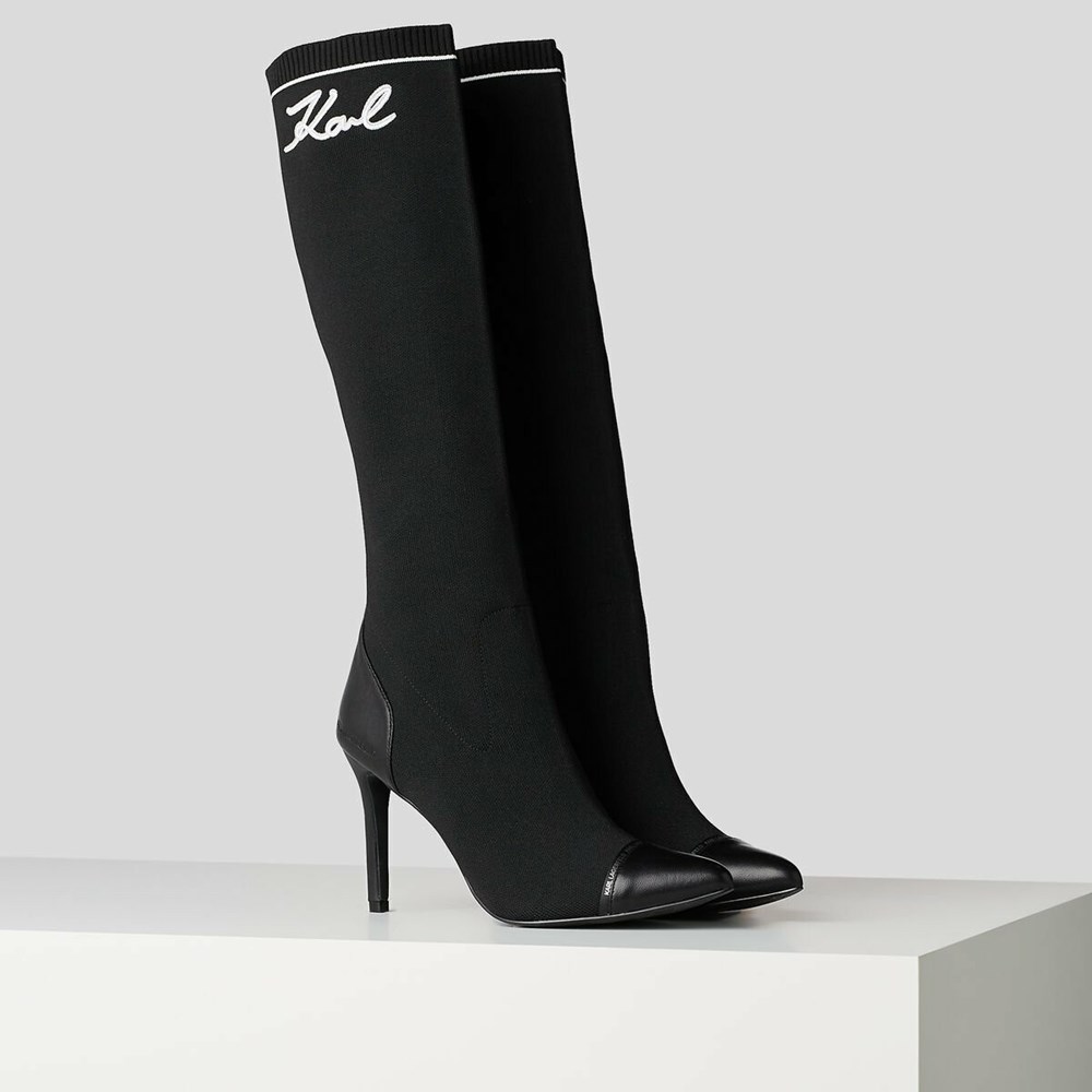 Black Women's Karl Lagerfeld Pandara Hi Leg Signia Boots | AE103PZND