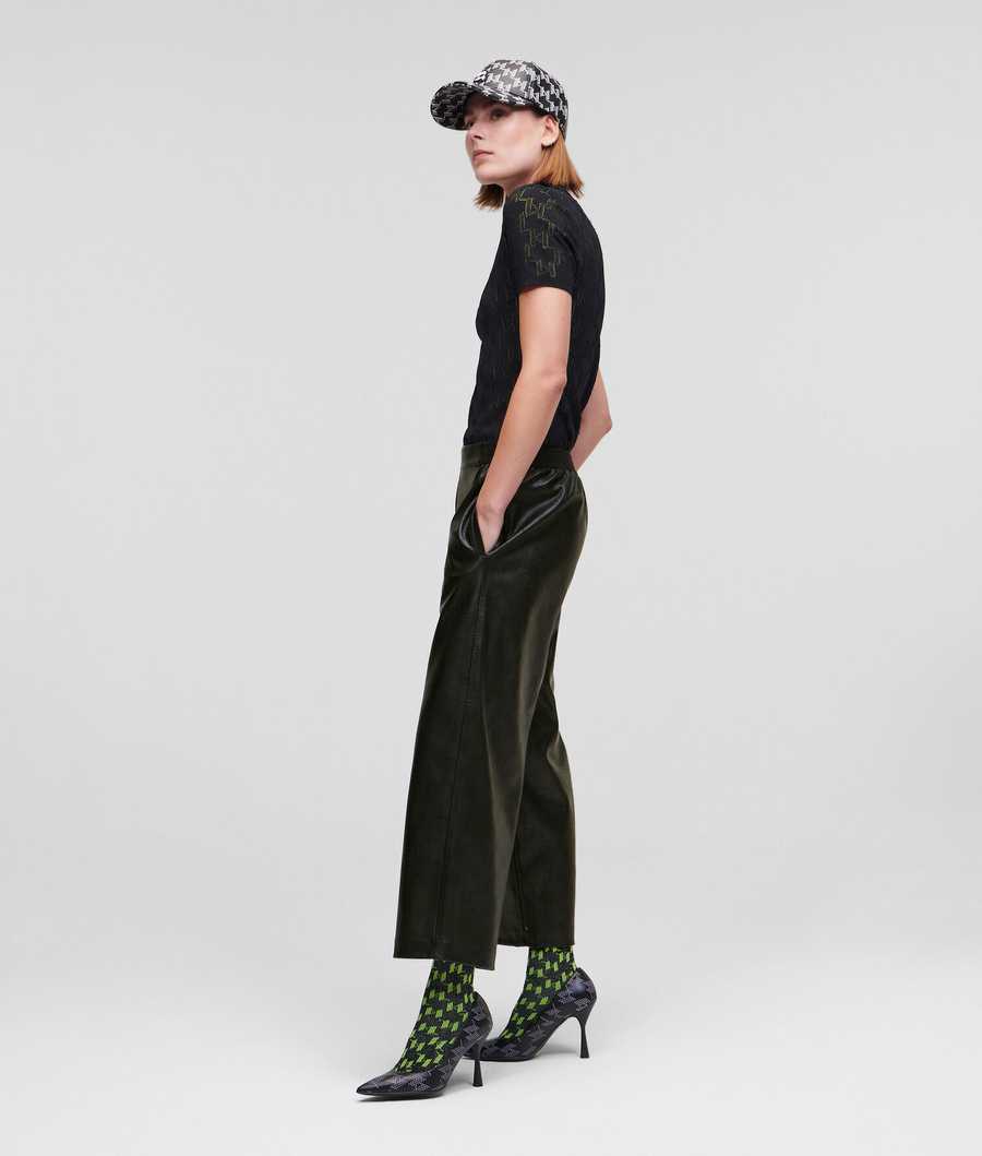 Black Women's Karl Lagerfeld Perforated Kl Monogram Faux-leather Culottes Pants | AE187XEFL