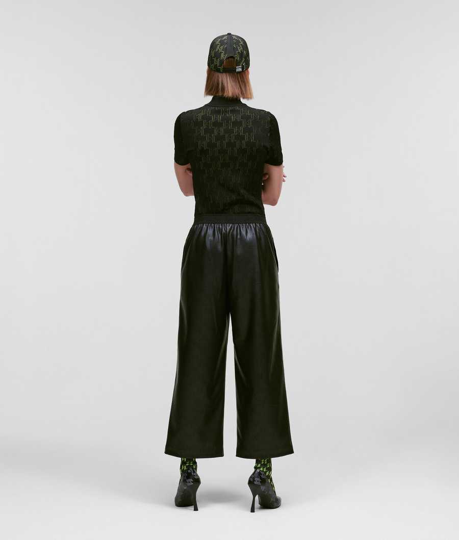 Black Women's Karl Lagerfeld Perforated Kl Monogram Faux-leather Culottes Pants | AE187XEFL