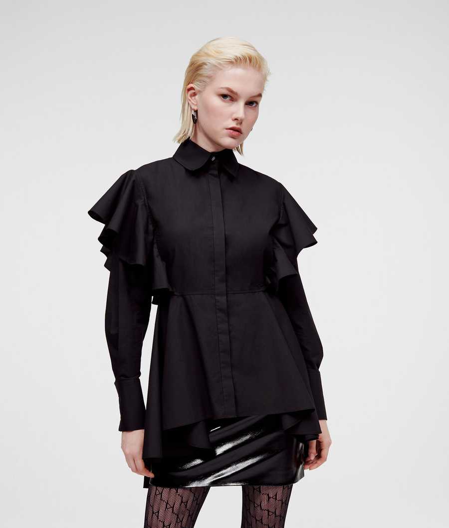 Black Women\'s Karl Lagerfeld Ruffle Detail Poplin Blouses | AE657GUPT