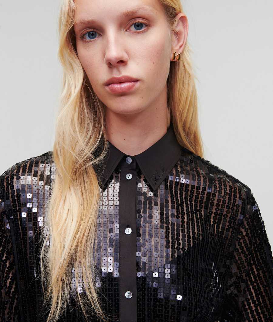 Black Women's Karl Lagerfeld Sequinned Longline Blouses | AE293NBAO