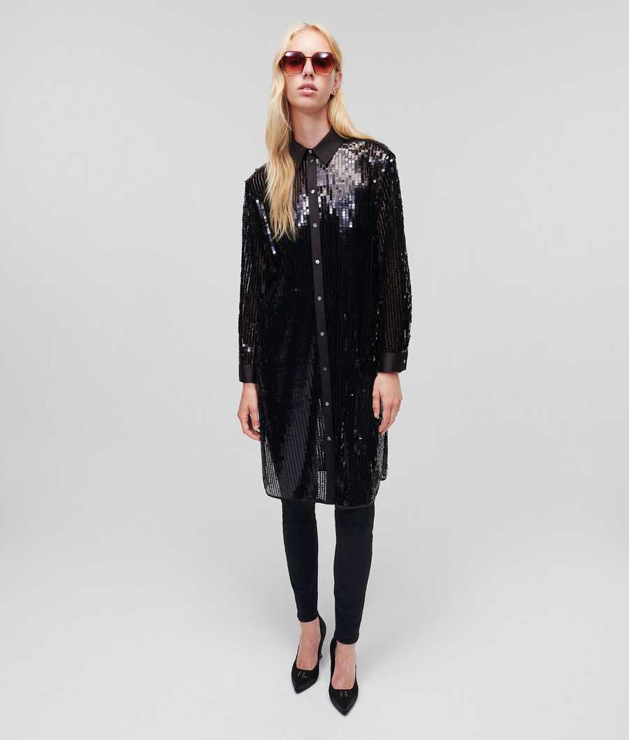 Black Women's Karl Lagerfeld Sequinned Longline Blouses | AE293NBAO