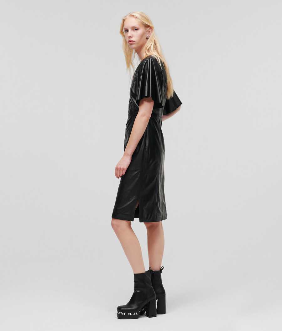 Black Women's Karl Lagerfeld V-neck Leather Midi Dresses | AE913AMNT