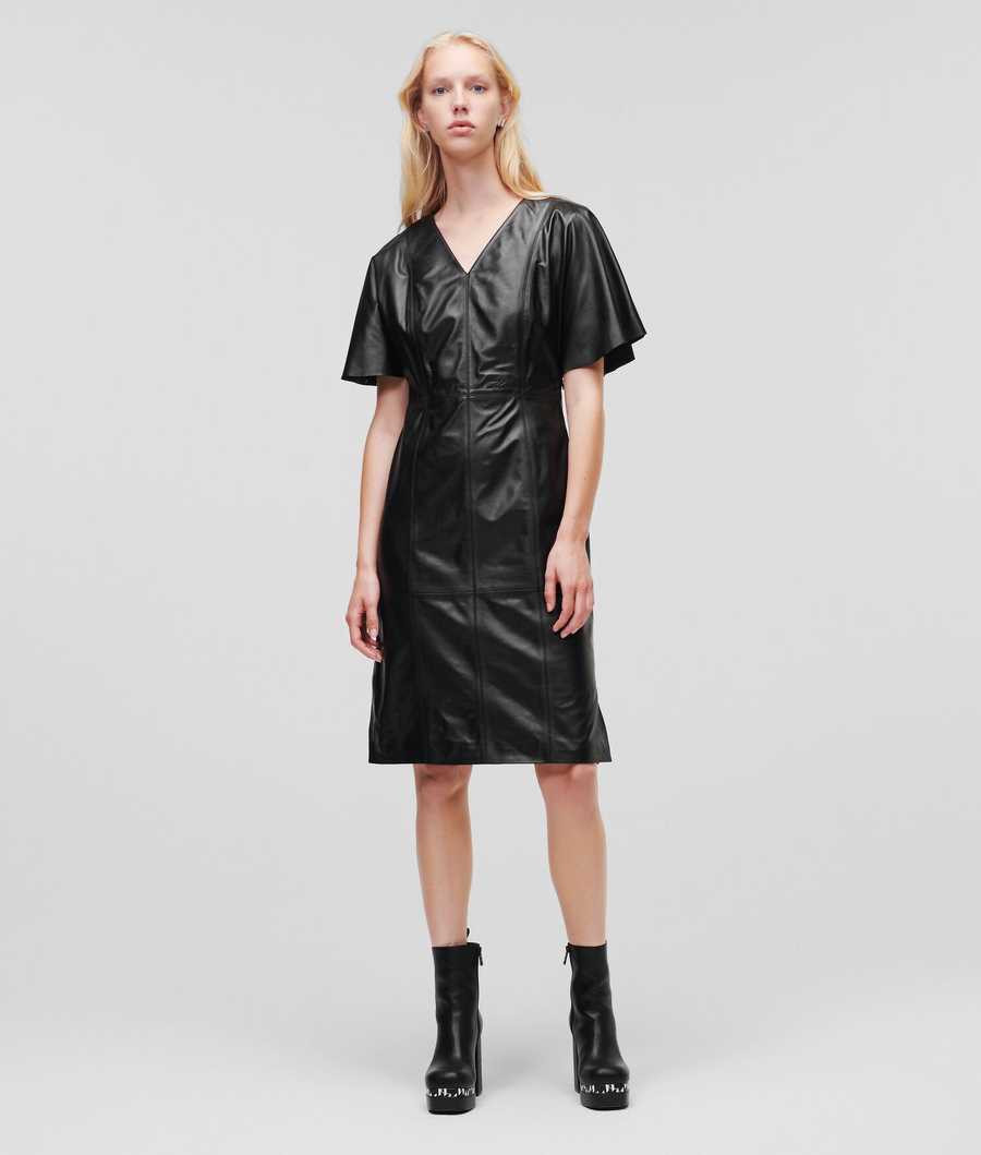 Black Women\'s Karl Lagerfeld V-neck Leather Midi Dresses | AE913AMNT