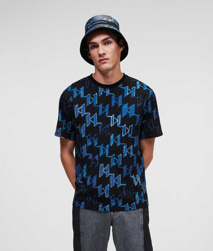 Blue Men's Karl Lagerfeld All-over Graffiti Karl Monogram T-Shirts | AE084PNML