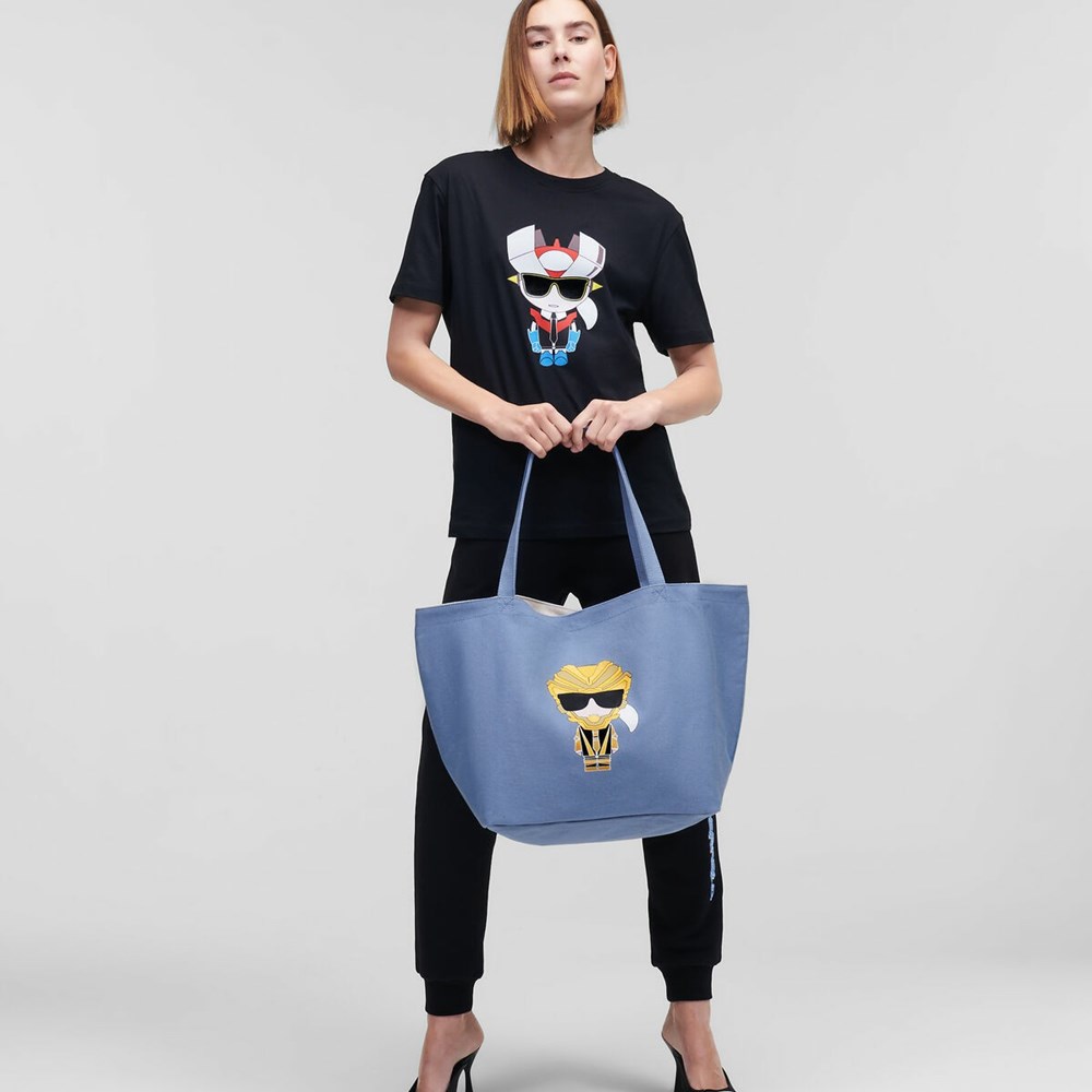 Blue Women's Karl Lagerfeld K/Heroes Canvas Shopper Tote Bags | AE379XGMQ