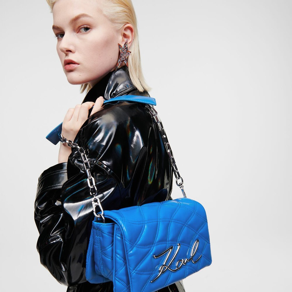 Blue Women's Karl Lagerfeld K/Signature Soft Quilted Shoulder Bags | AE485WQOJ