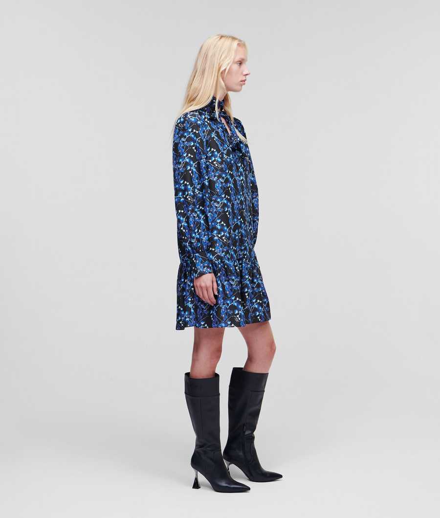 Blue Women's Karl Lagerfeld Orchid Print Silk Dresses | AE482PTSR