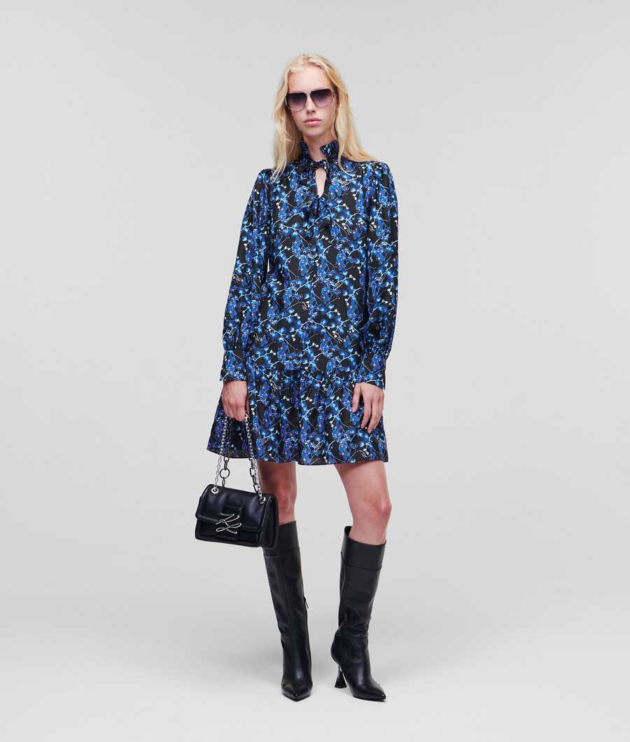 Blue Women's Karl Lagerfeld Orchid Print Silk Dresses | AE482PTSR