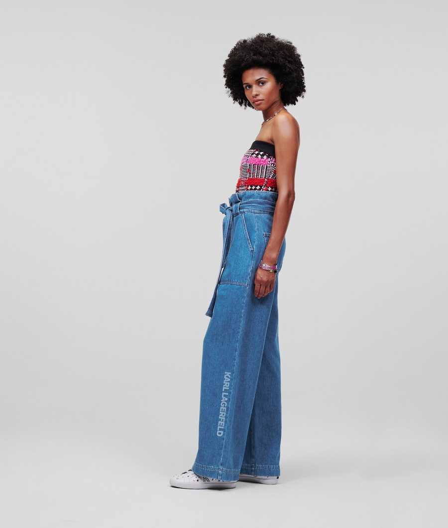 Blue Women's Karl Lagerfeld Paperbag Wide-leg Jeans | AE580SUDR