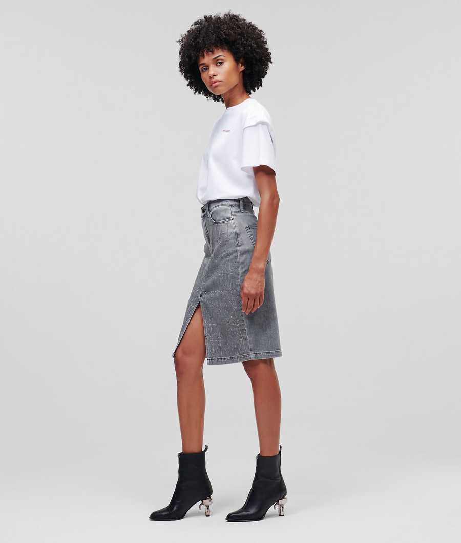 Dark Grey Women's Karl Lagerfeld Embellished Denim Skirts | AE219OKFX