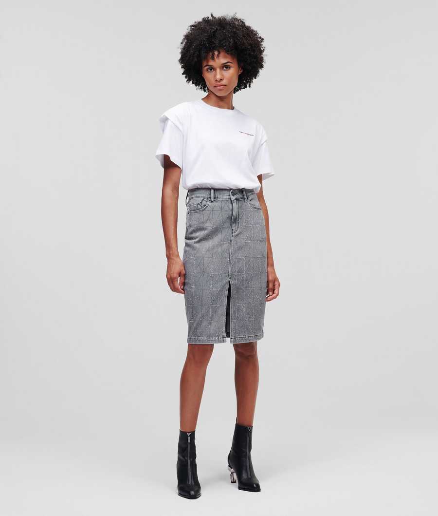 Dark Grey Women\'s Karl Lagerfeld Embellished Denim Skirts | AE219OKFX