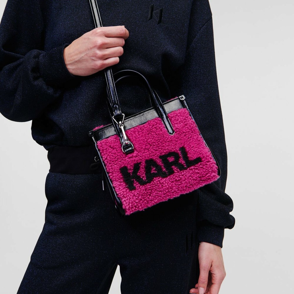 Fuchsia Women's Karl Lagerfeld K/Skuare Small Faux-shearling Tote Bags | AE570ISMA