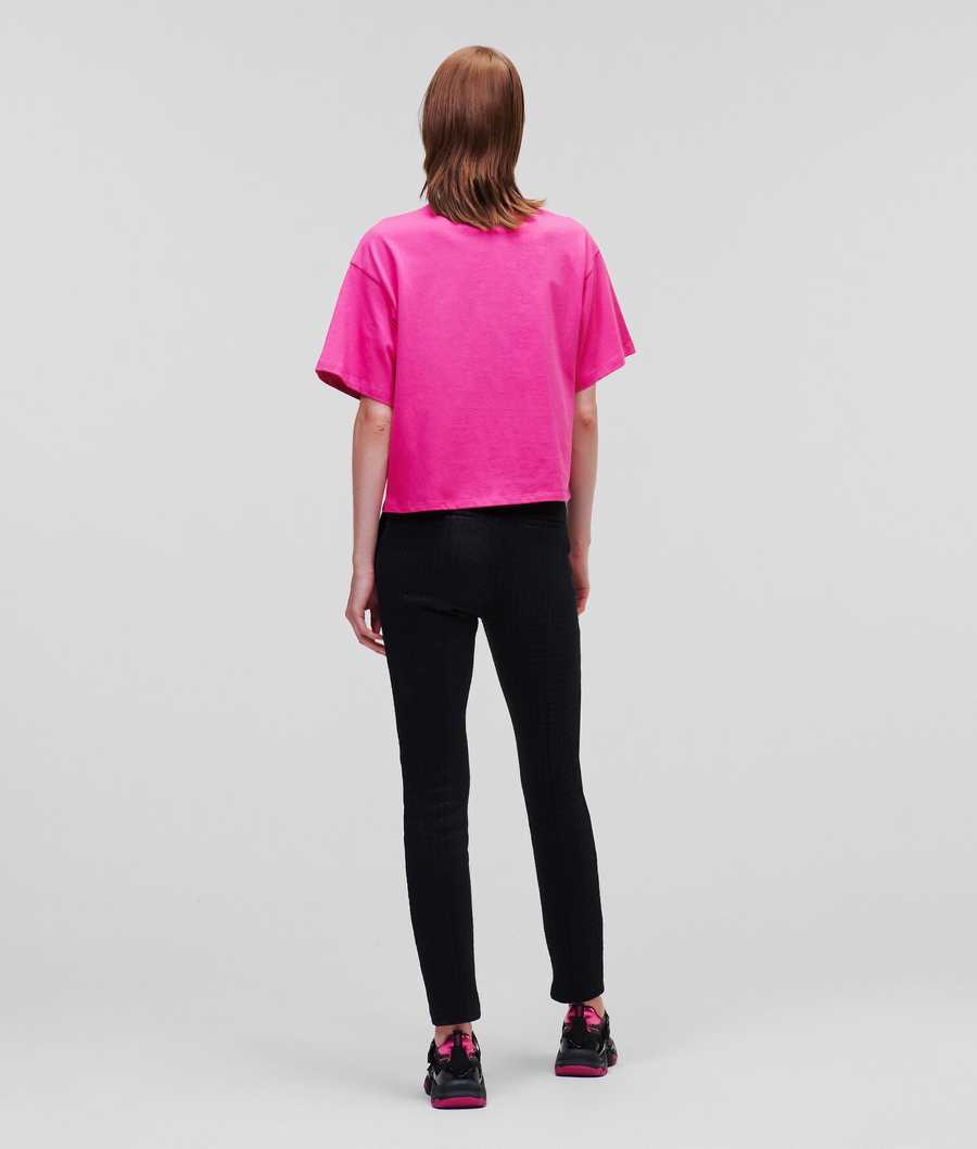 Fuchsia Women's Karl Lagerfeld Karl Logo Tape T-Shirts | AE367VMJC