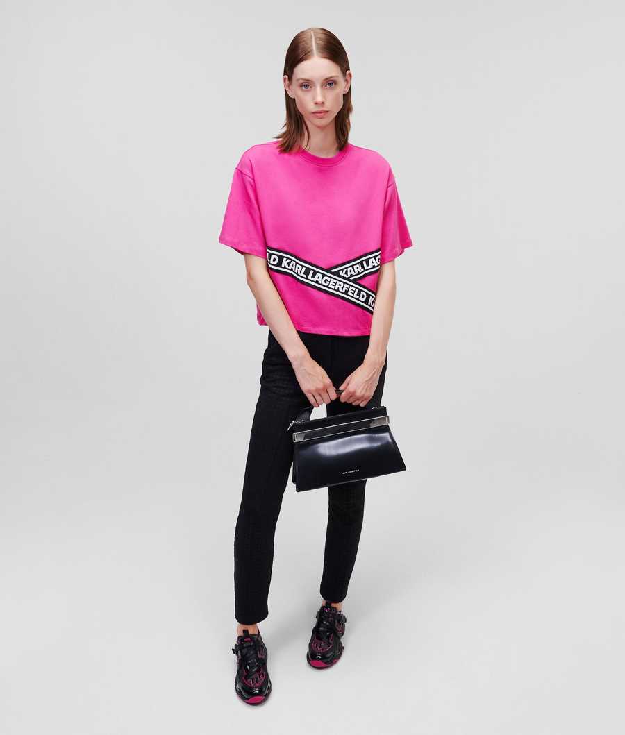 Fuchsia Women's Karl Lagerfeld Karl Logo Tape T-Shirts | AE367VMJC