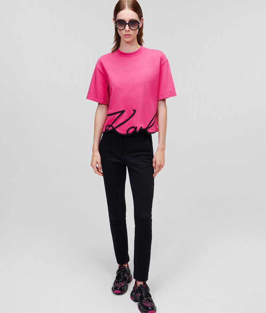 Fuchsia Women's Karl Lagerfeld Karl Signature Hem T-Shirts | AE409AZQP