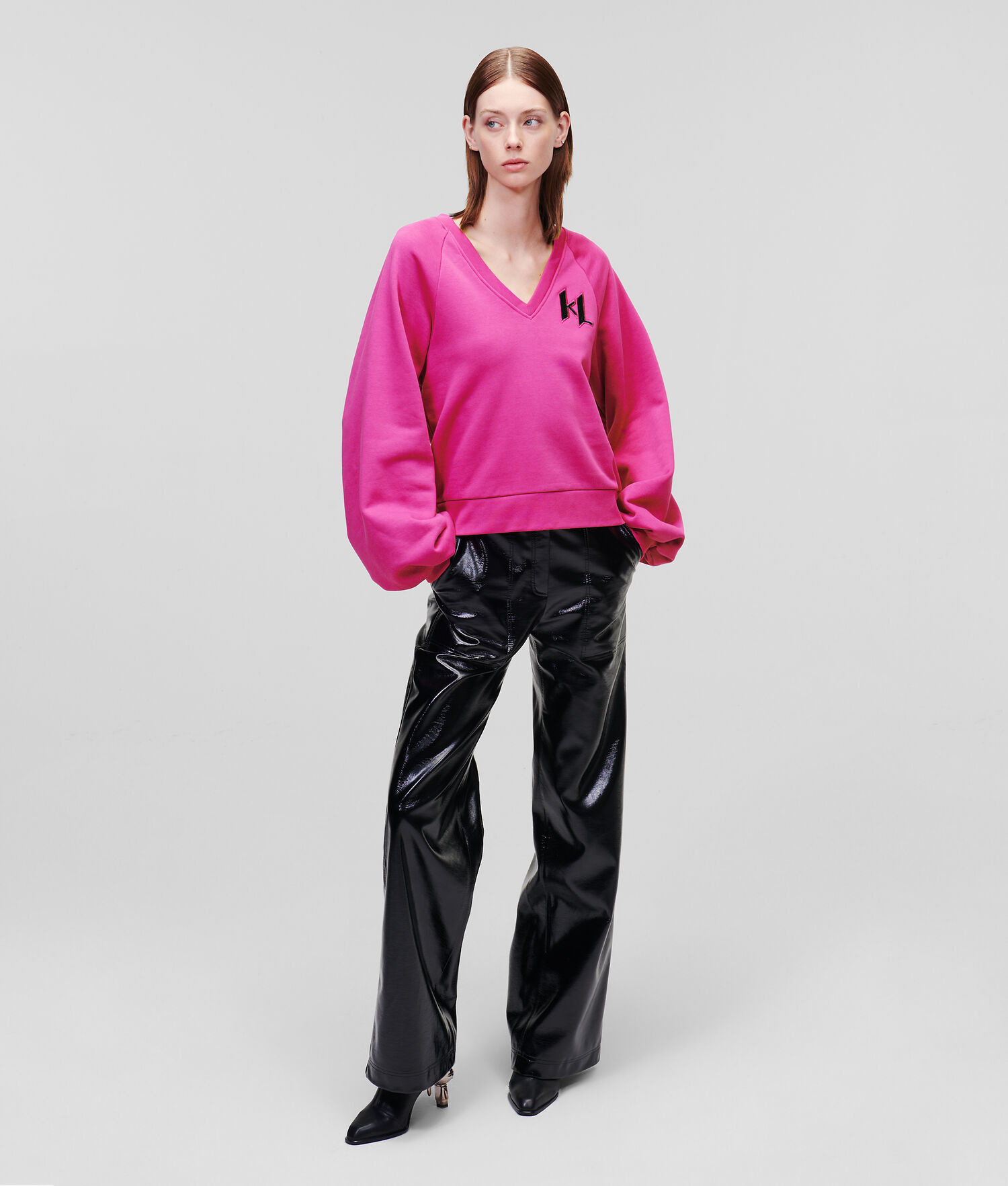 Fuchsia Women's Karl Lagerfeld Puff-sleeve V-neck Sweatshirts | AE845IHVB