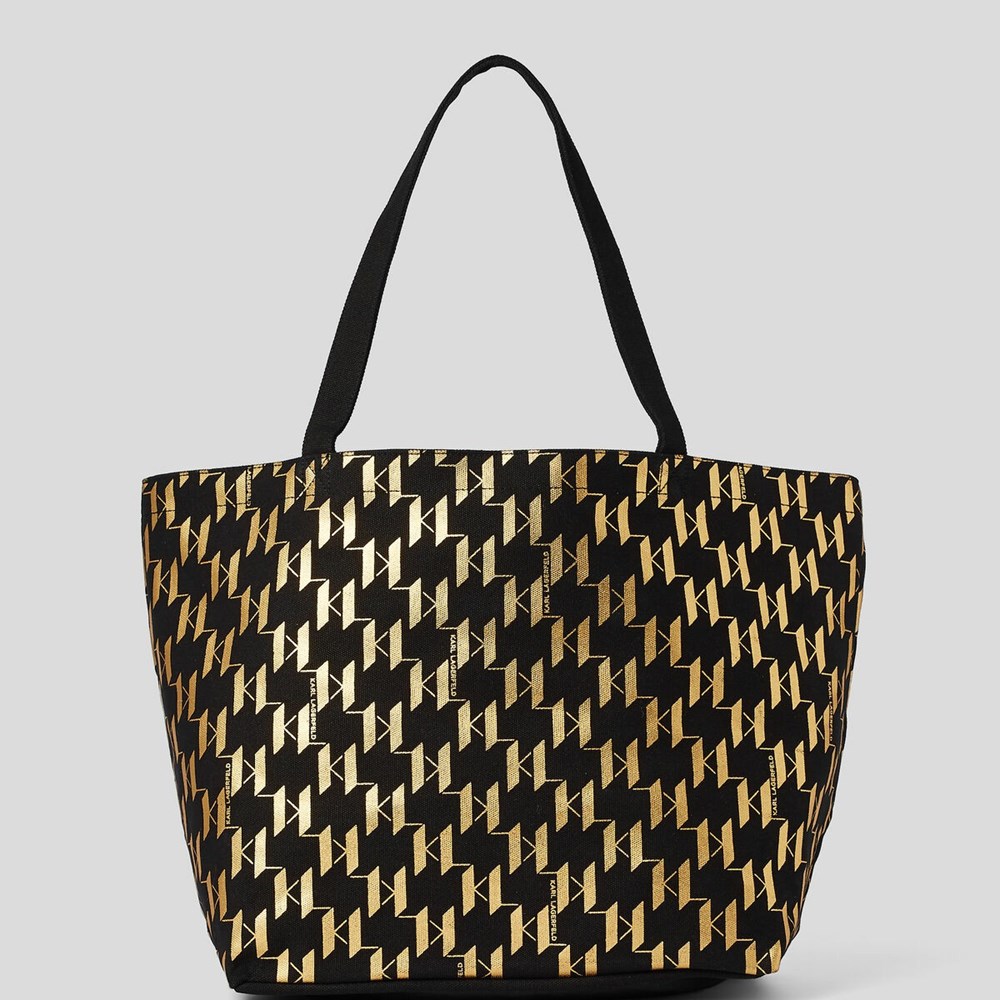 Gold Women's Karl Lagerfeld K/Ikonik Monogram Metallic Canvas Shopper Tote Bags | AE650RWUM