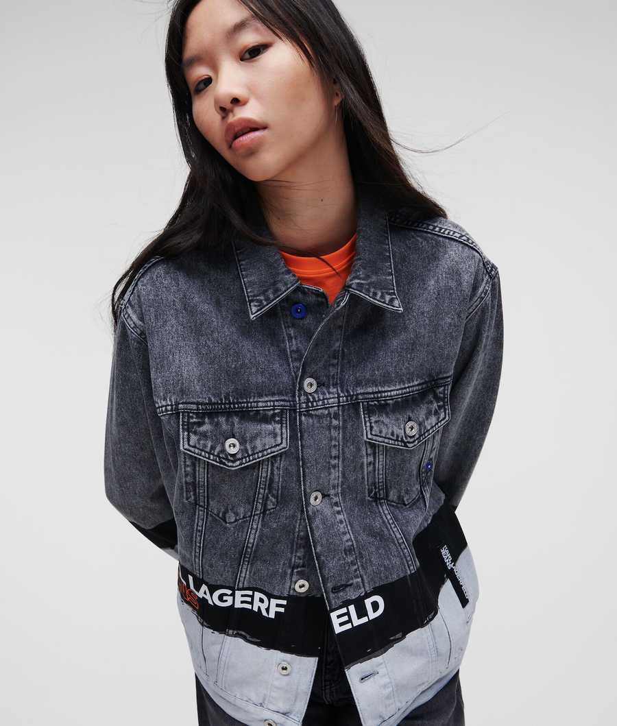 Grey Women\'s Karl Lagerfeld Klj Paint Logo Denim Bomber Jackets | AE938DPSM