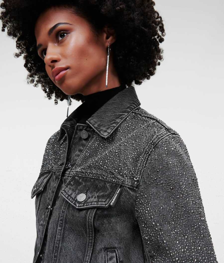 Grey Women's Karl Lagerfeld Rhinestone-embellished Denim Jackets | AE658PJIR