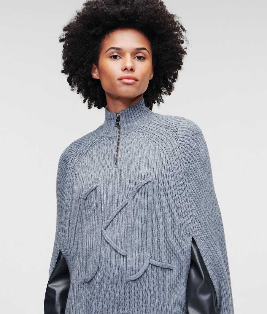 Grey Women's Karl Lagerfeld Soutache Kl Monogram Cape Knitwear | AE279YTZU