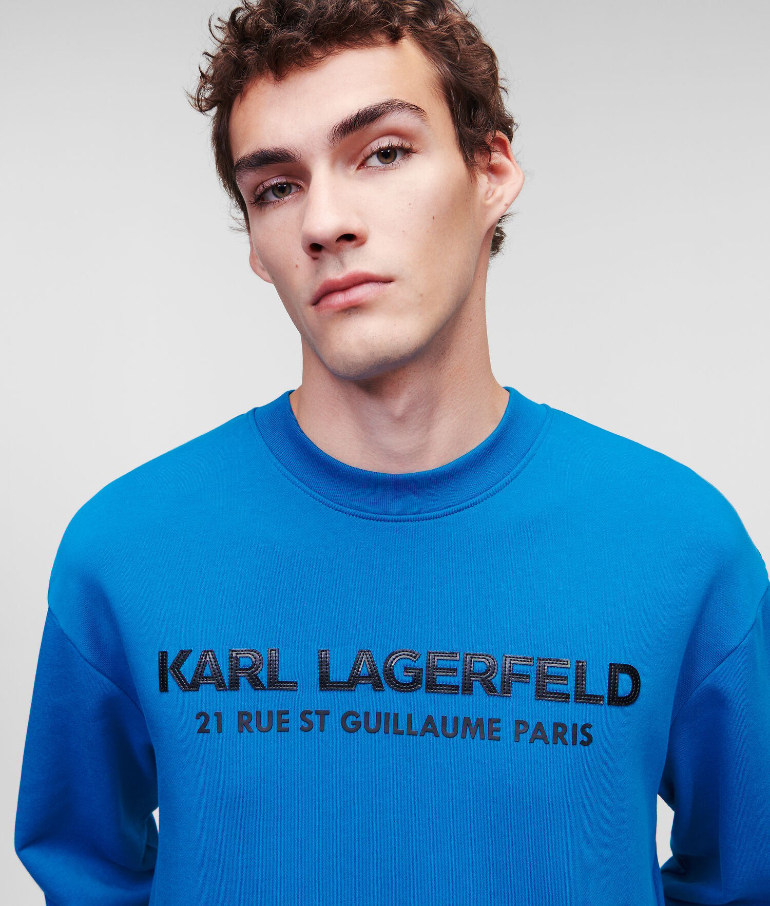 Light Blue Men\'s Karl Lagerfeld Faux-leather Karl Logo Sweatshirts | AE409OVUG