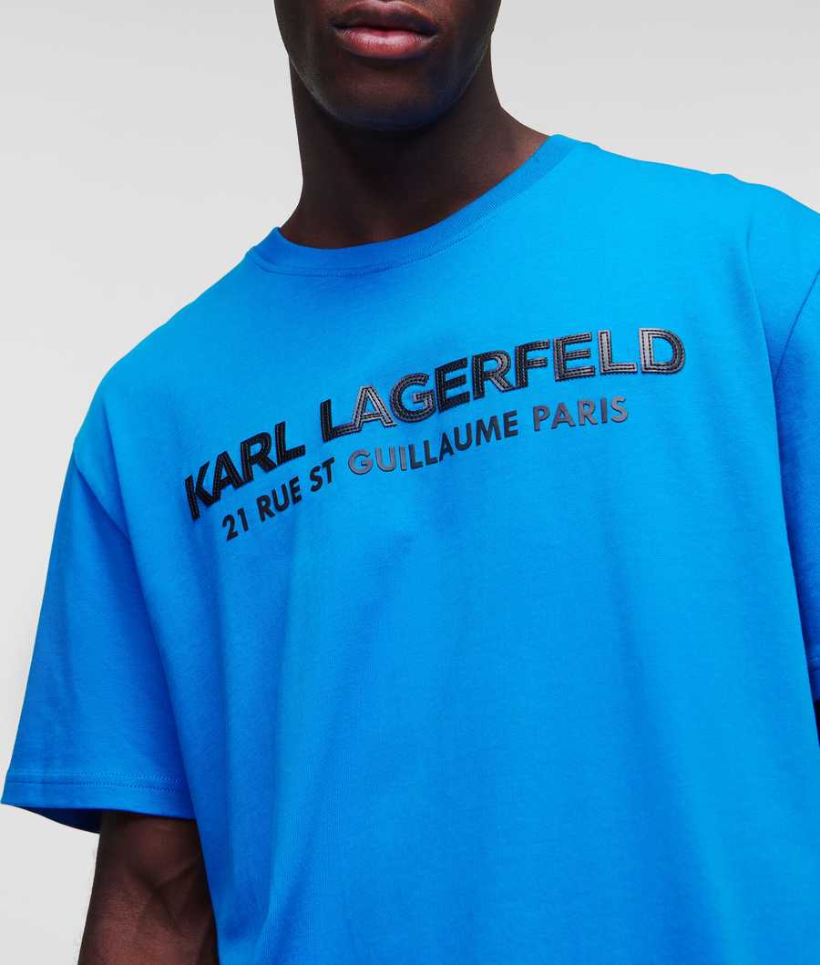 Light Blue Men's Karl Lagerfeld Faux-leather Karl Logo T-Shirts | AE468TYWP