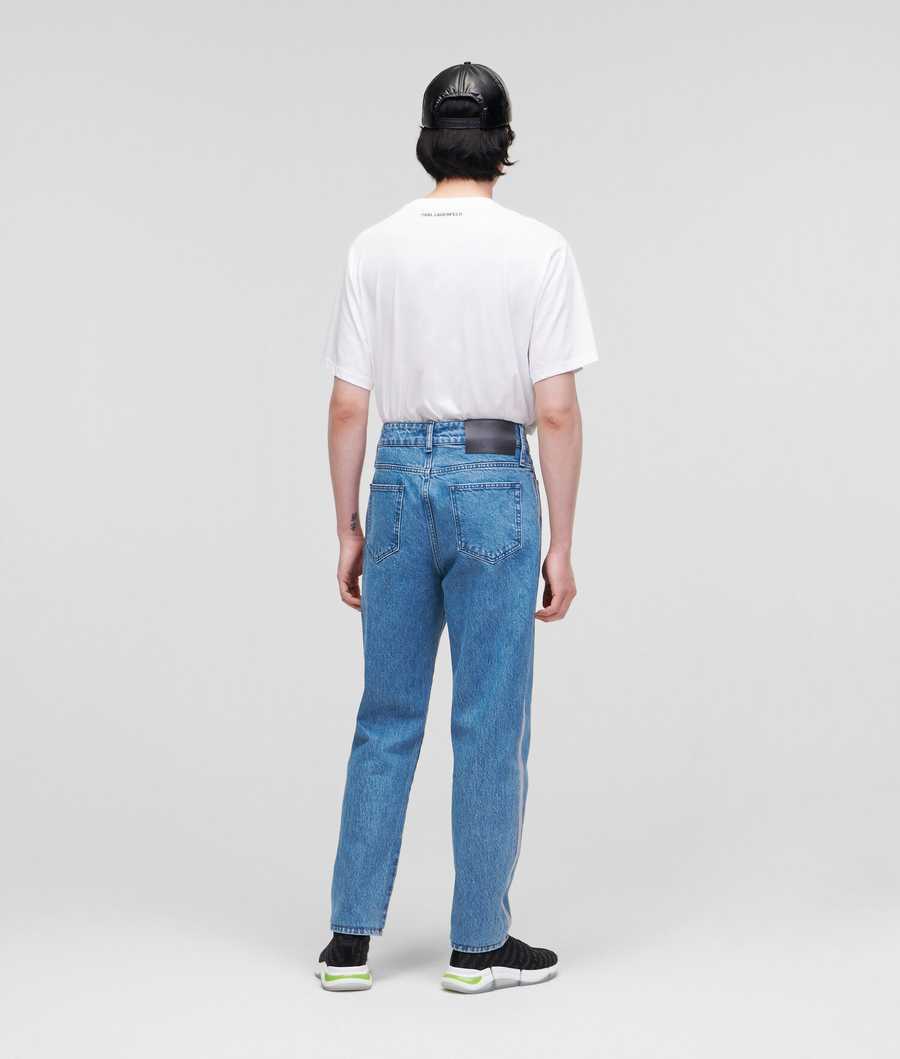 Light Blue Men's Karl Lagerfeld Relaxed-fit With Reflective Logo Tape Jeans | AE182YPCW