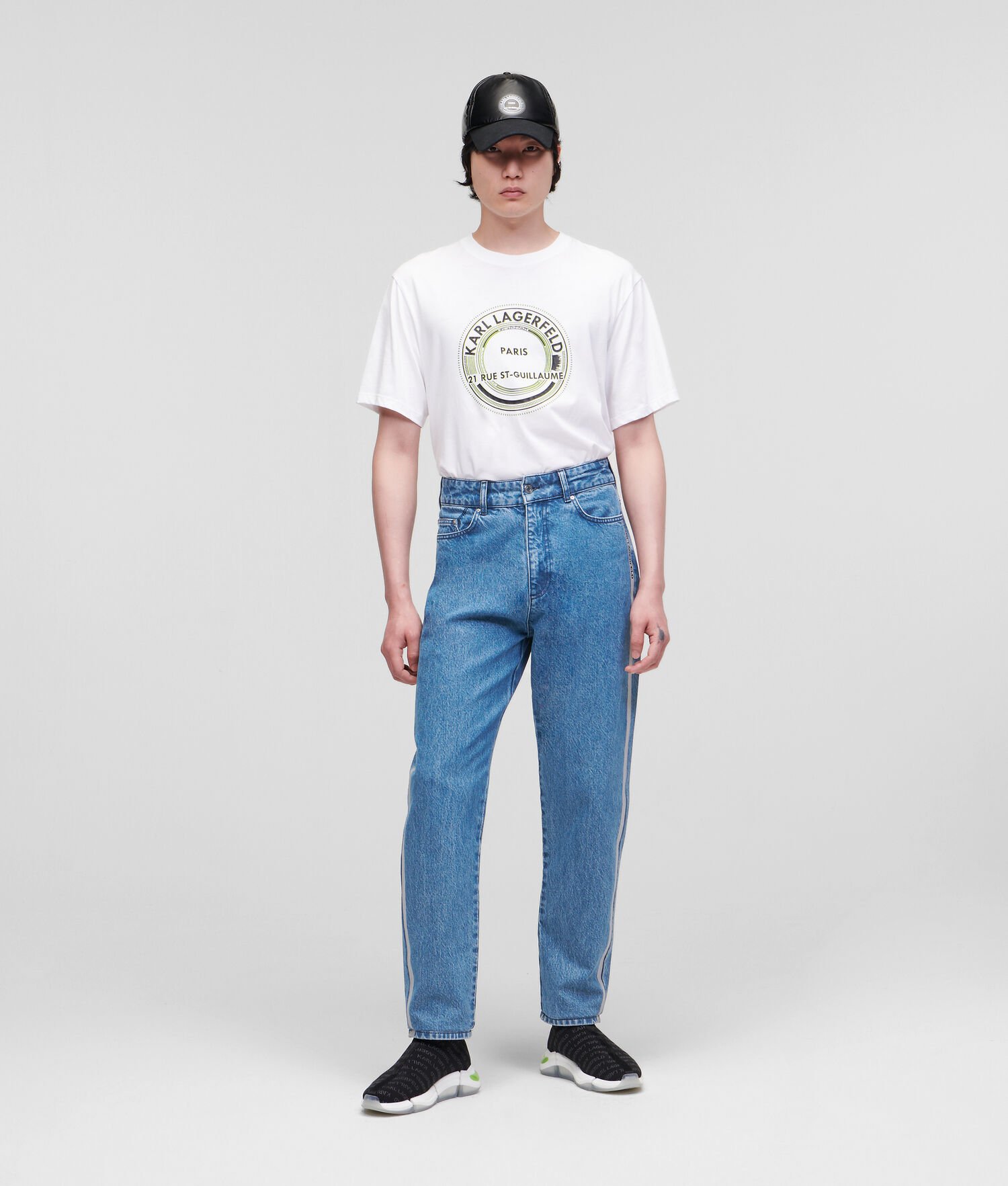 Light Blue Men's Karl Lagerfeld Relaxed-fit With Reflective Logo Tape Jeans | AE182YPCW