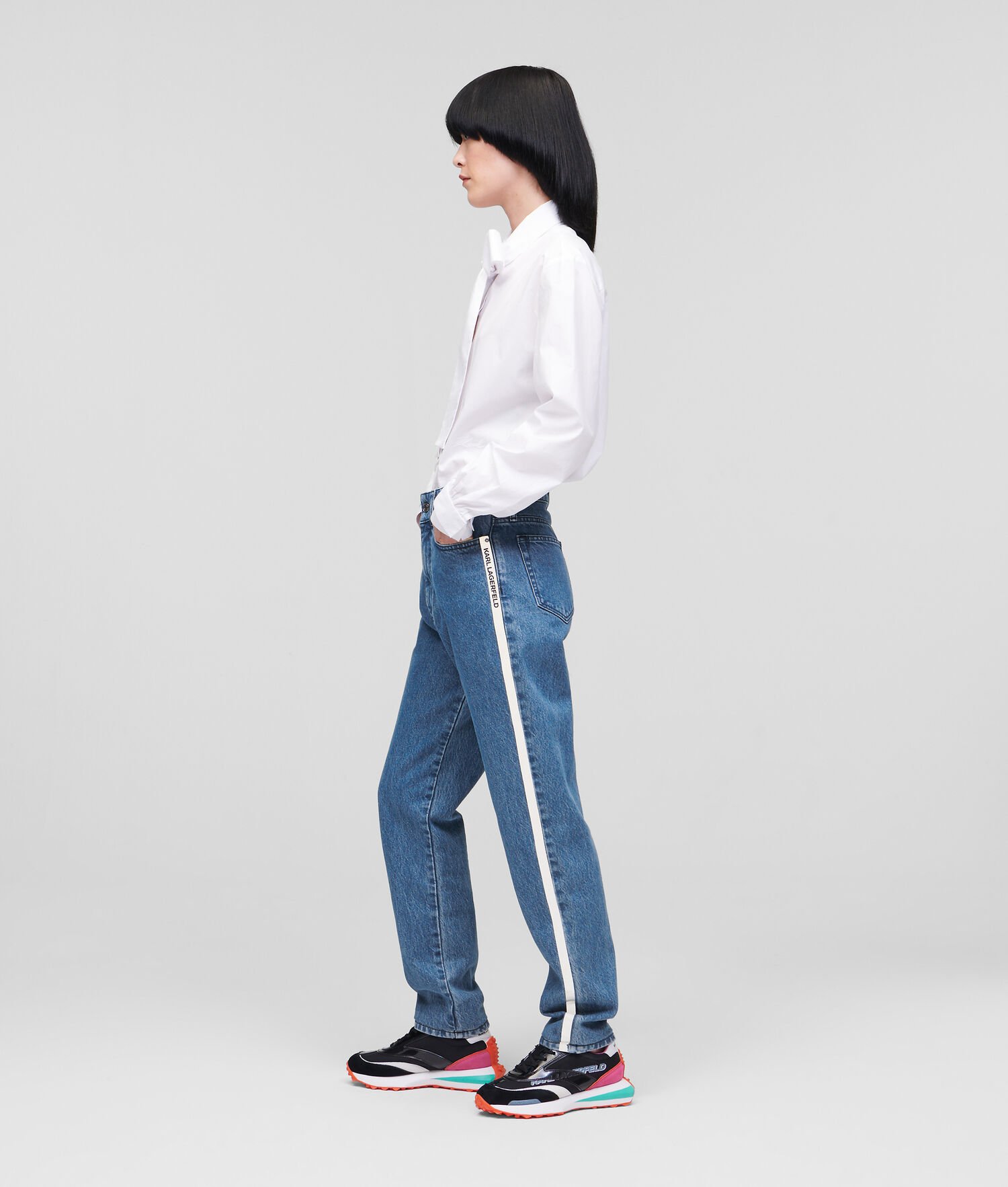 Light Blue Women's Karl Lagerfeld Relaxed-fit With Reflective Logo Tape Jeans | AE607BGEI