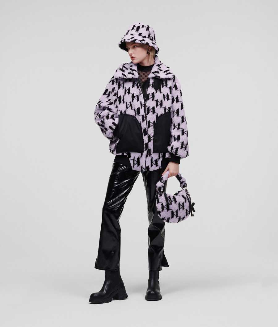 Light Purple / Black Women's Karl Lagerfeld Kl Monogram Faux-shearling Bomber Jackets | AE710FLEB