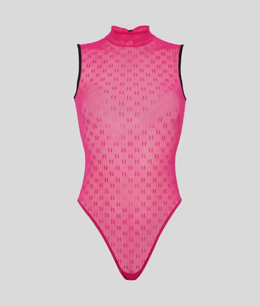 Pink Women's Karl Lagerfeld High-neck Kl Monogram Bodysuit Underwear | AE962SXJT