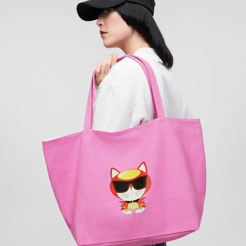 Pink Women's Karl Lagerfeld K/Heroes Canvas Shopper Tote Bags | AE609NFUA