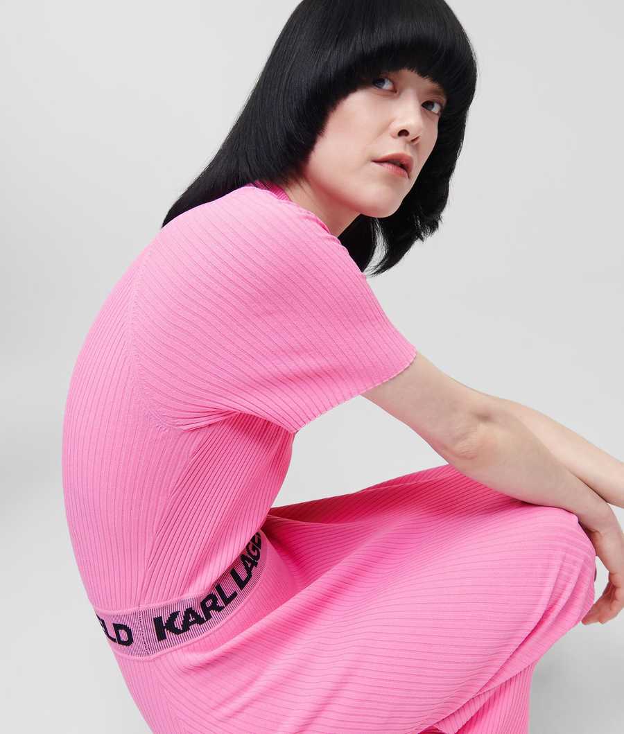 Pink Women's Karl Lagerfeld Short-sleeved Karl Logo Knit Dresses | AE987ZVYF