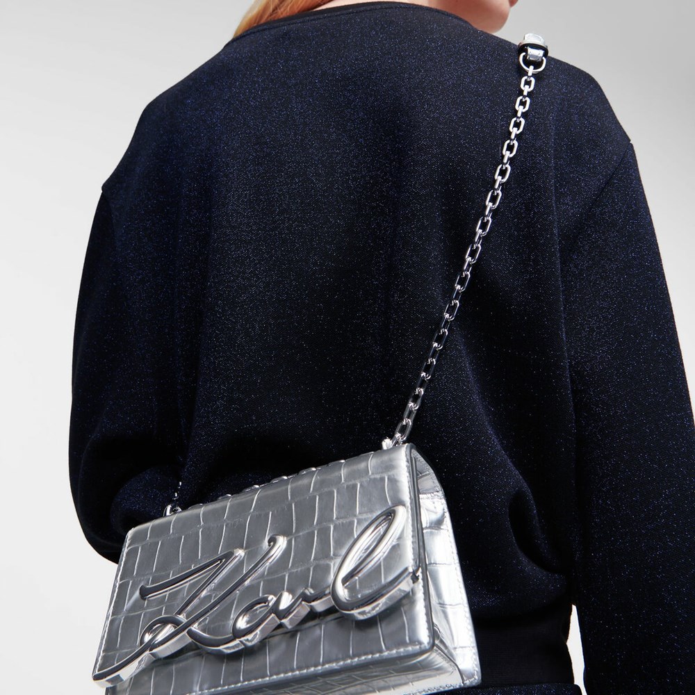 Silver Women's Karl Lagerfeld K/Signature Croc-embossed Small Shoulder Bags | AE564EPRX