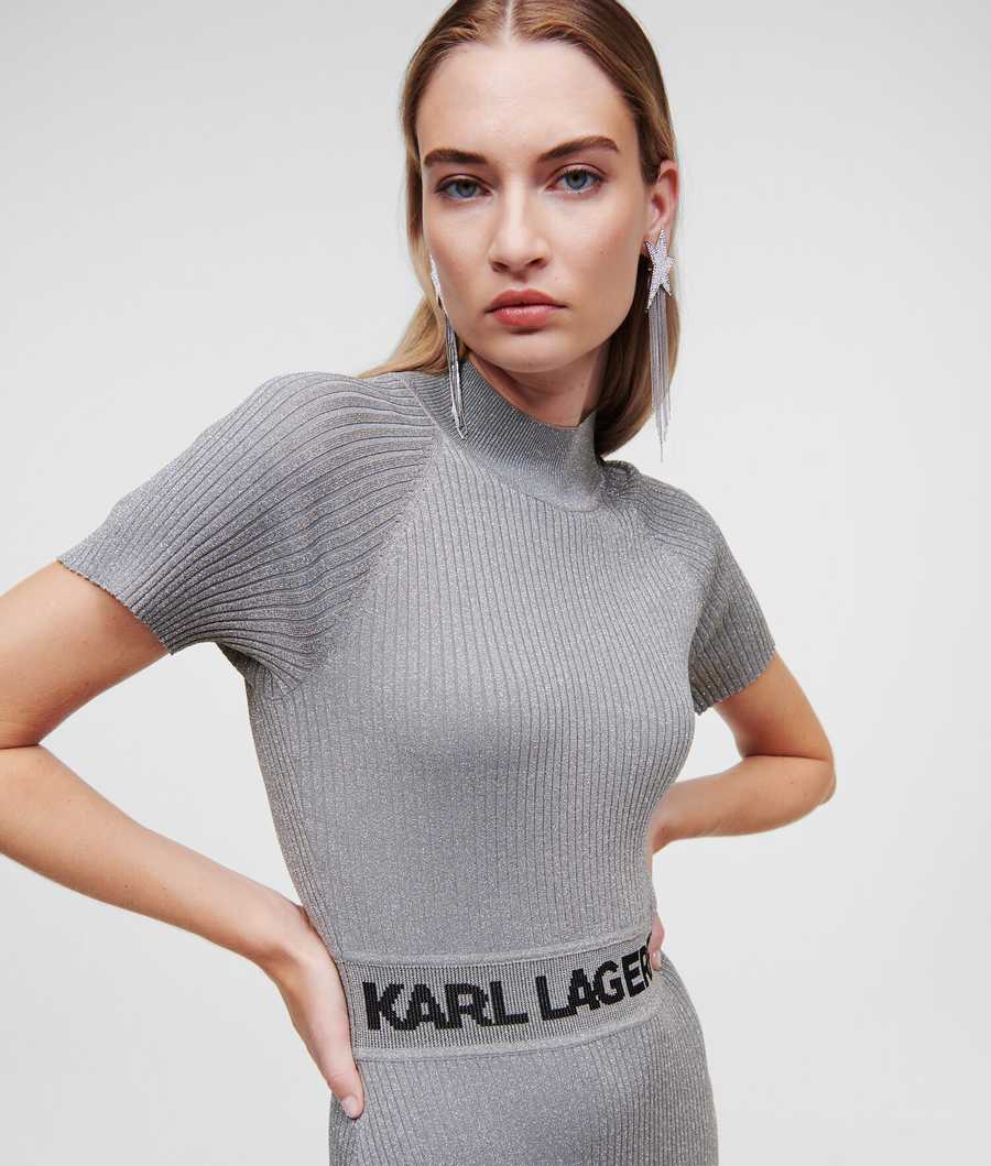 Silver Women's Karl Lagerfeld Lurex Short-sleeved Karl Logo Knit Dresses | AE732UQJC