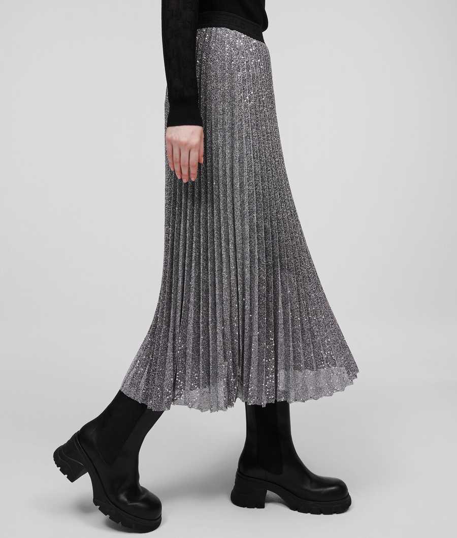 Silver Women's Karl Lagerfeld Sequin Pleated Skirts | AE829ZCPG