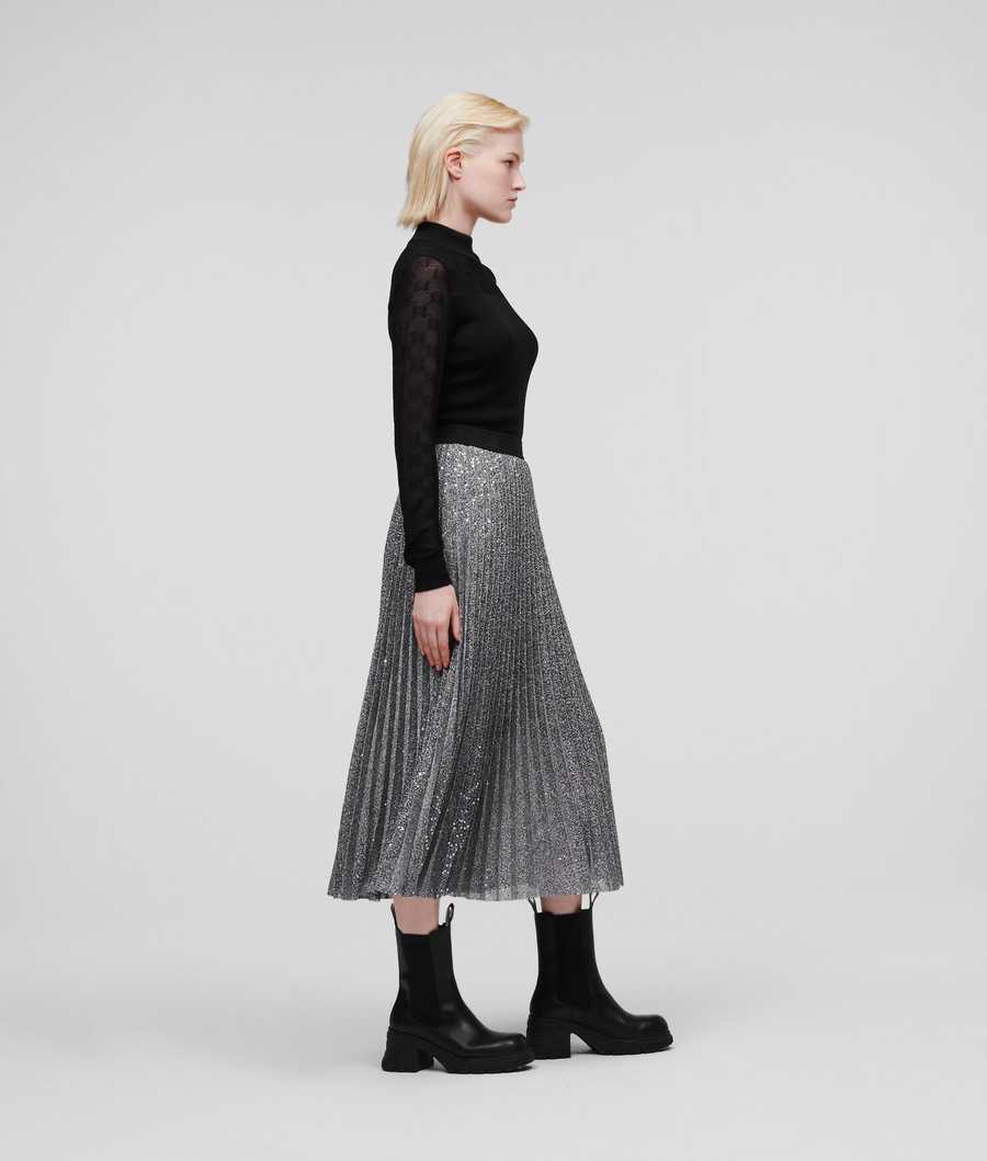 Silver Women's Karl Lagerfeld Sequin Pleated Skirts | AE829ZCPG