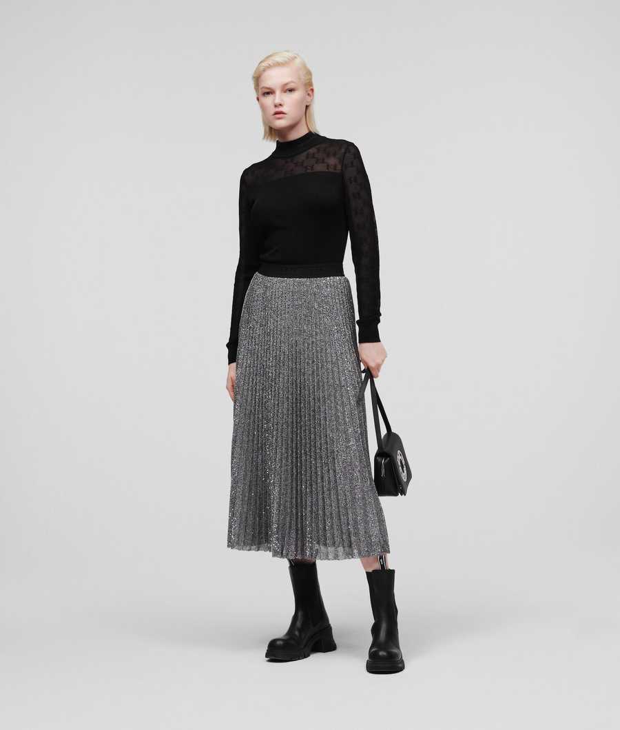 Silver Women's Karl Lagerfeld Sequin Pleated Skirts | AE829ZCPG