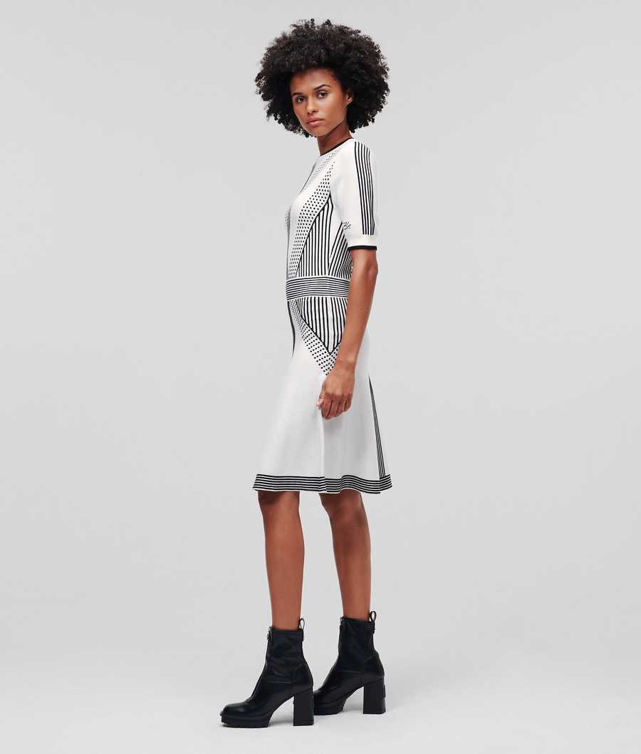 White / Black Women's Karl Lagerfeld Geometric Knit Dresses | AE248CWOF