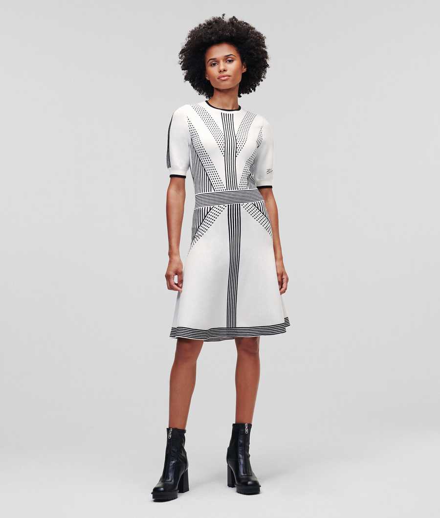 White / Black Women\'s Karl Lagerfeld Geometric Knit Dresses | AE248CWOF