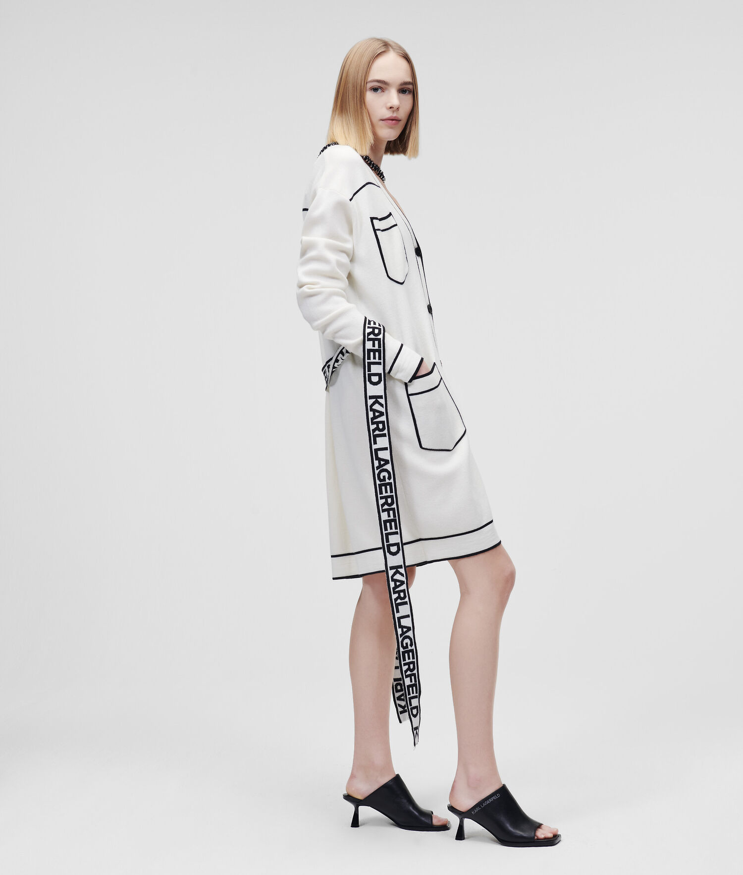 White / Black Women's Karl Lagerfeld Karl Logo Belted Knitwear | AE051NLHQ