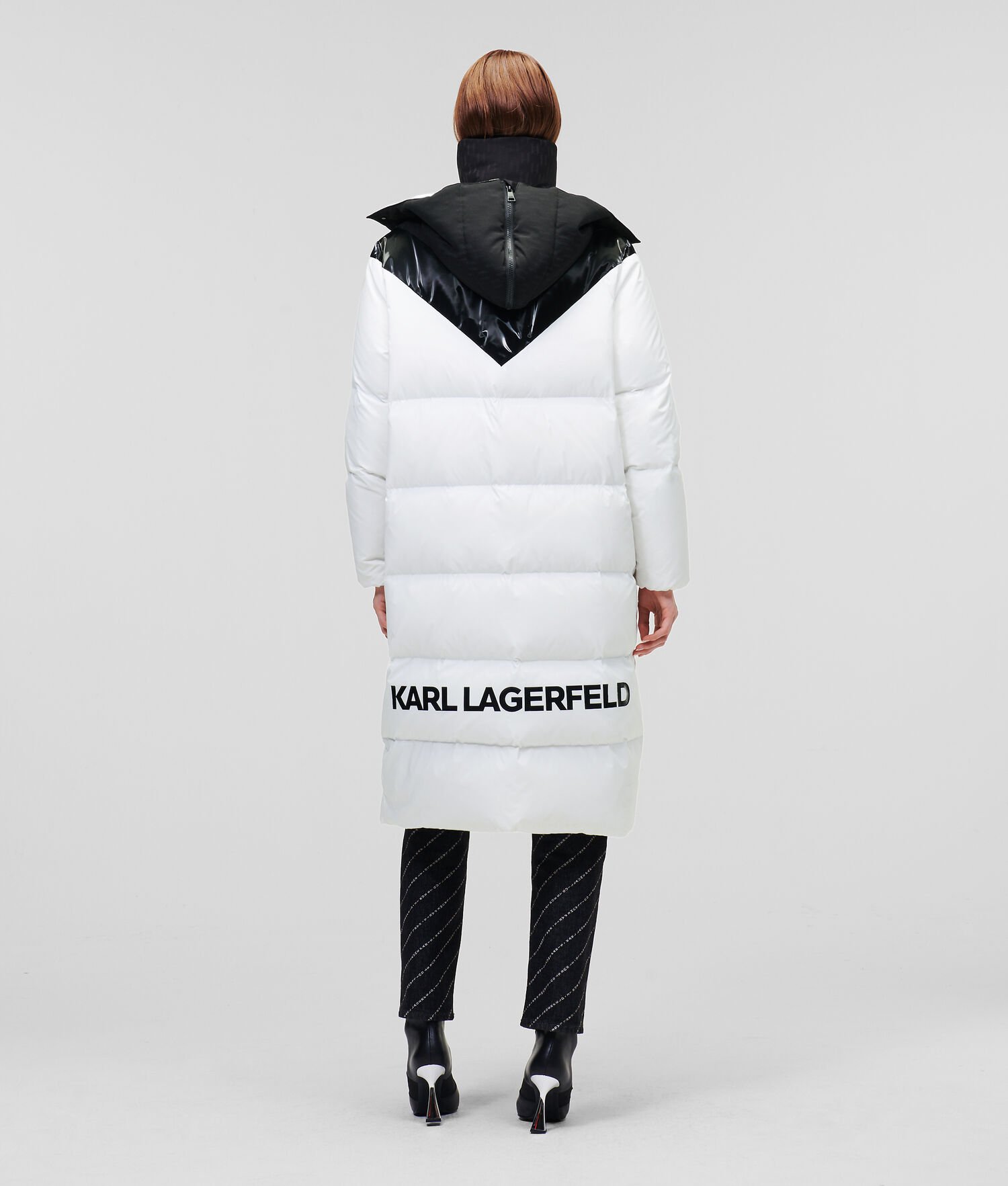 White / Black Women's Karl Lagerfeld Longline Hooded Down Coats | AE761NWEF