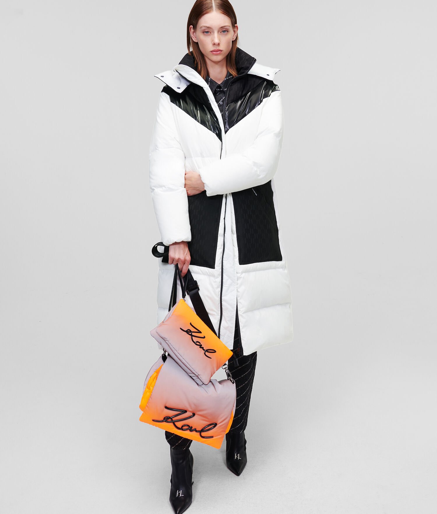 White / Black Women's Karl Lagerfeld Longline Hooded Down Coats | AE761NWEF